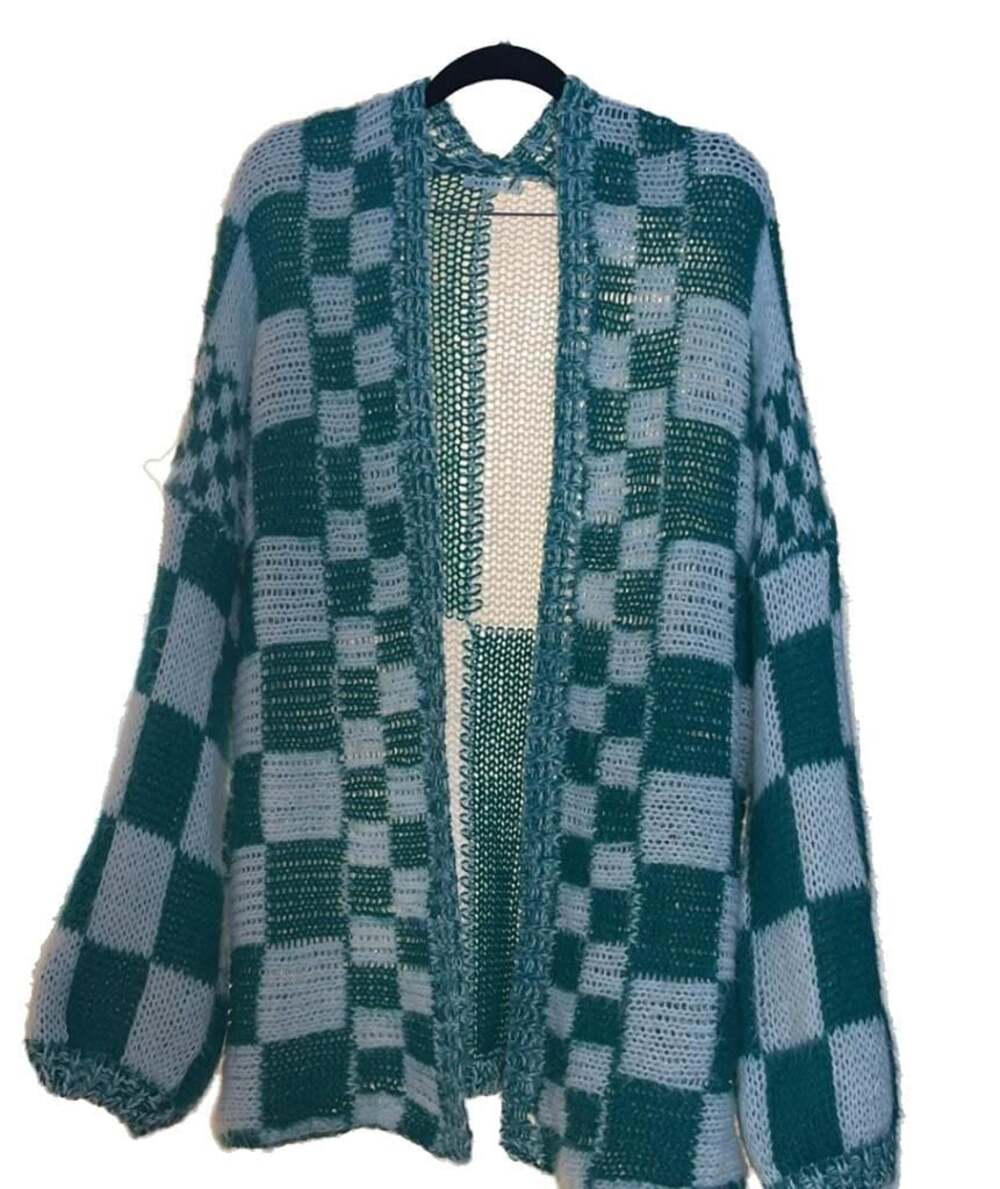 Buckle Green and White Checkerboard Open Front Cardigan